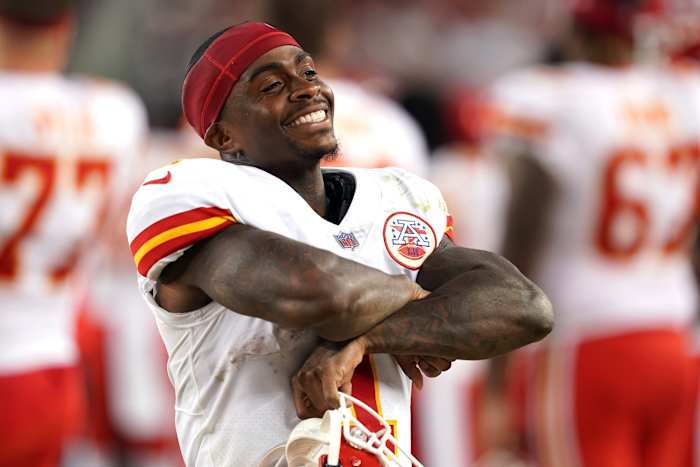 Aug 14, 2021; Santa Clara, California, USA; Kansas City Chiefs running back Jerick McKinnon (1) smiles on the bench during the fourth quarter against the San Francisco 49ers at Levi's Stadium. Mandatory Credit: Darren Yamashita-USA TODAY Sports